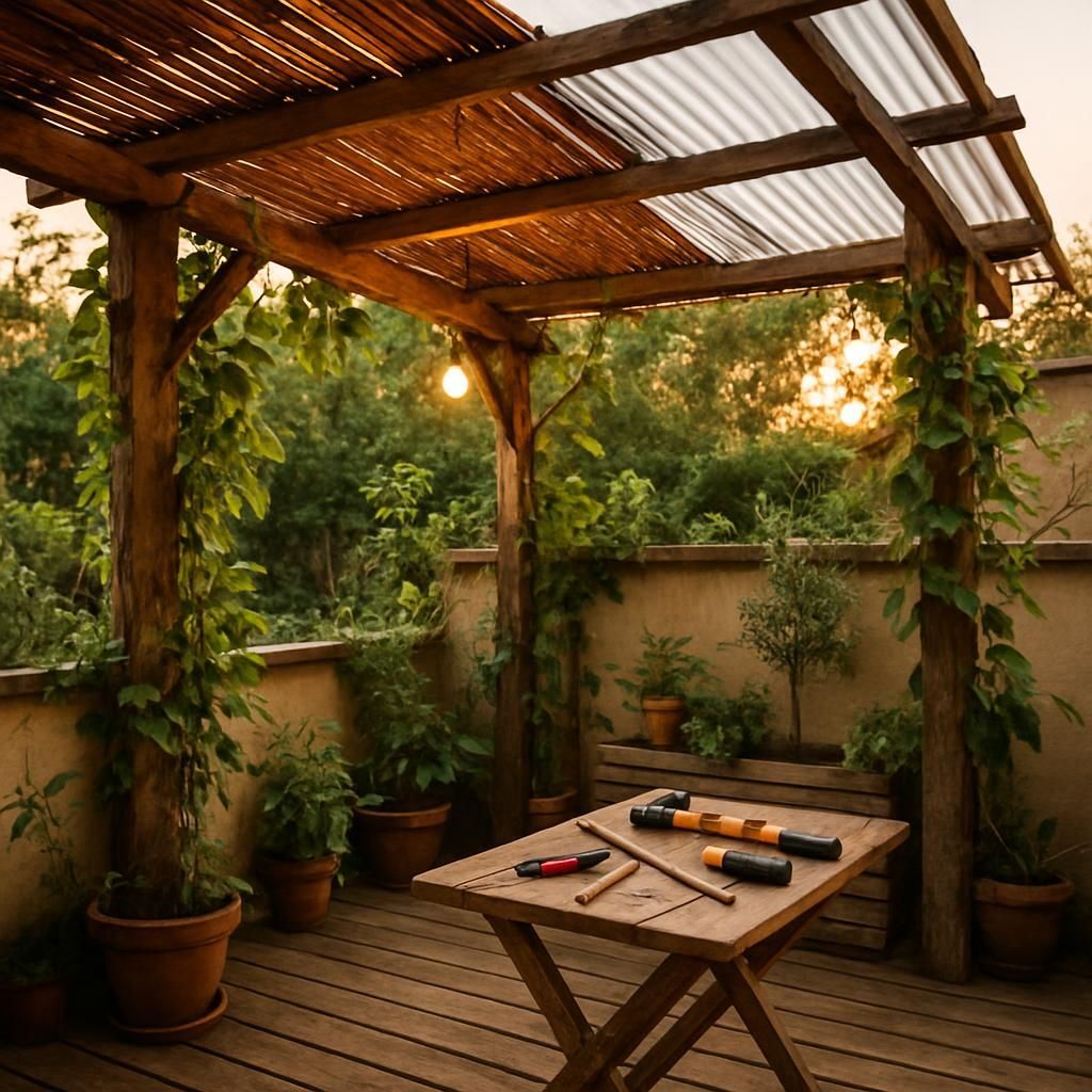 Aménagez votre terrasse avec une pergola naturelle en matériaux de récupération